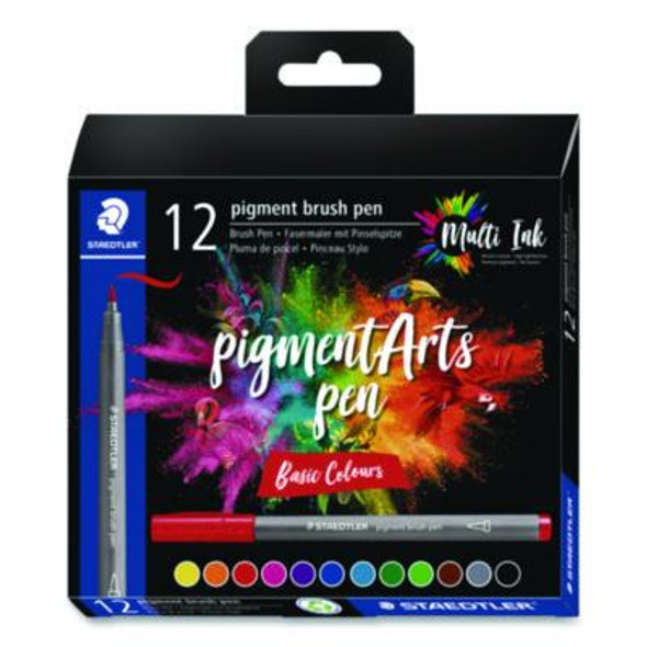 Pigment Brush Pen Set, Medium-Firm, Assorted Basic Colors, 12/Pack