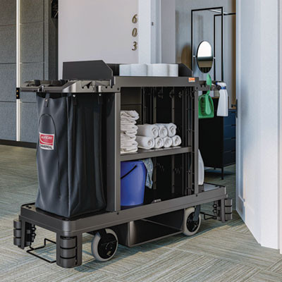 Partially Assembled Premium Housekeeping Cart, Plastic, 1 Shelf, 24 x 62.13 x 49.75, Black