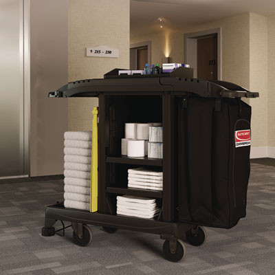 Compact Standard Housekeeping Cart, Plastic, 1 Shelf, 23.25" x 53.18" x 46.57", Black
