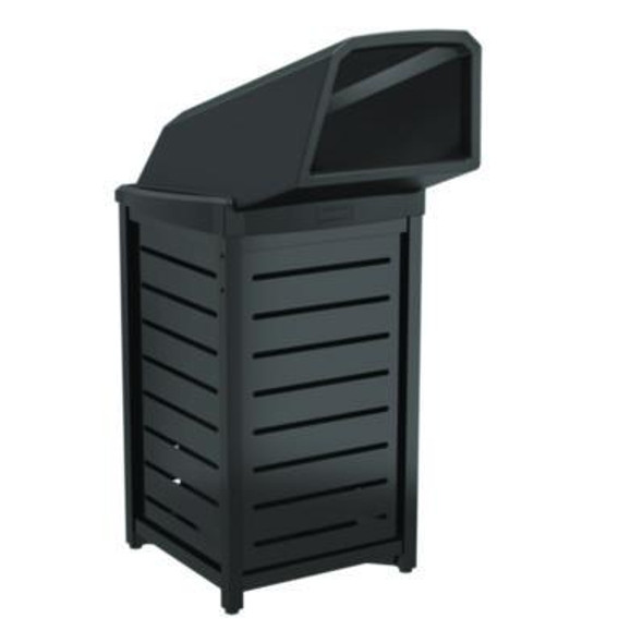 Outdoor Decorative Metal Square Trash Can With Chute Lid, 30 Gal, Metal, Black
