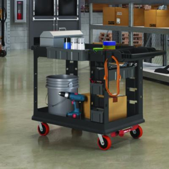 Heavy Duty Plus Utility Cart, Plastic, 2 Shelves, 6 Bins, Capacity, 26.5" x 48.78" x 34.81", Black