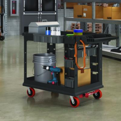 Heavy Duty Plus Utility Cart, Plastic, 2 Shelves, 6 Bins, Capacity, 26.5" x 48.78" x 34.81", Black