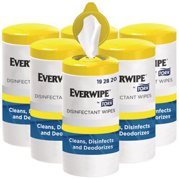 Everwipe By Tork Disinfectant Wipe Canisters, 1-Ply, 7 x 7, Lemon, White, 75 Sheets/Canister, 6/Carton