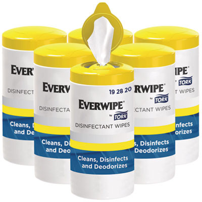 Everwipe By Tork Disinfectant Wipe Canisters, 1-Ply, 7 x 7, Lemon, White, 75 Sheets/Canister, 6/Carton