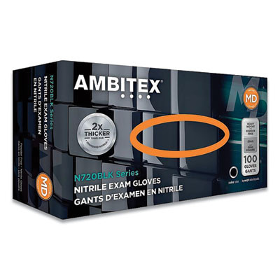 N720 Series Powder-Free Nitrile Gloves, Medium, 6 Mil Thick, 12" Long, Black, 100/Box, 10 Boxes/Carton