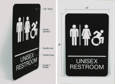 Ada Sign, Unisex Restroom, 6 x 9, Black Face, White Graphics