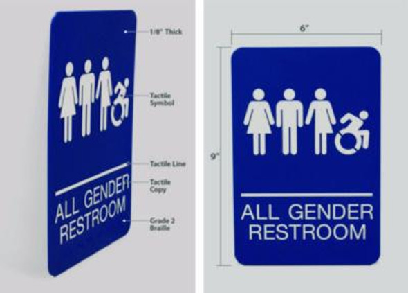 Ada Sign, All Gender Restroom, 6 x 9, Blue Face, White Graphics