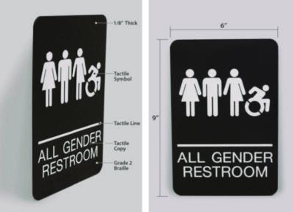 Ada Sign, All Gender Restroom, 6 x 9, Black Face, White Graphics
