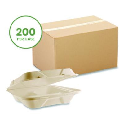 Nourish Molded Fiber Takeout Containers, Compostable, 3 Compartments, 9 x 9 x 3, White, Sugarcane, 200/Carton