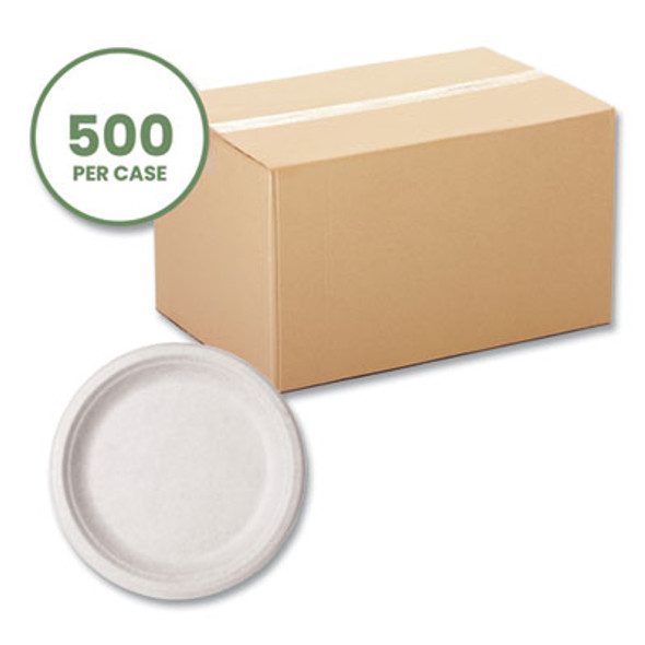 Nourish Molded Fiber Tableware, Compostable, Plate, Sugarcane, 9" Dia, White, 500/Carton