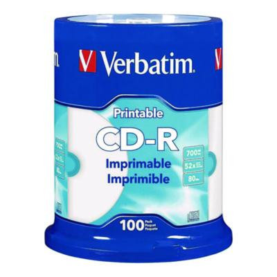 Cd-R Printable Recordable Disc, 700 Mb/80 Min, 52x, Spindle, White, 100/Pack