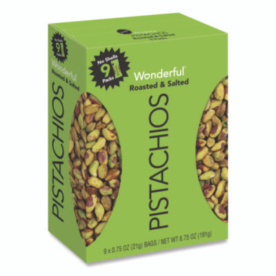 Wonderful No Shells Pistachios, Roasted And Salted, 0.75 Oz Bag, 9 Bags/Box, 4 Boxes/Carton