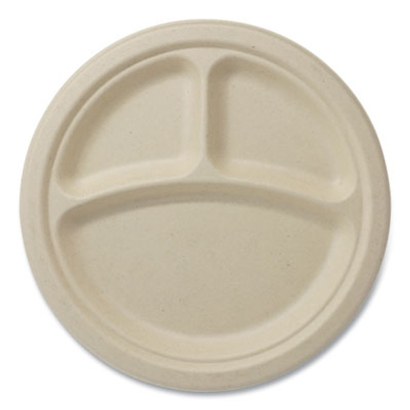 Fiber Plates, 3-Compartment, Paper, 9" Dia, Natural, 1,000/Carton