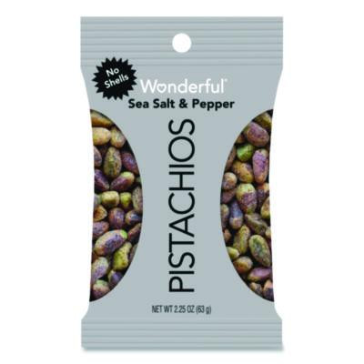 No Shells Sea Salt And Pepper Pistachios, 2.25 Oz Pack, 8/Box