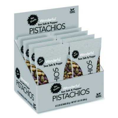 No Shells Sea Salt And Pepper Pistachios, 2.25 Oz Pack, 8/Box