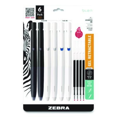 Blen Gel Pen, Medium 0.7 Mm, Black; Blue Ink, White; Black Barrel, 6/Pack