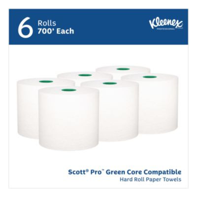 Hard Roll Paper Towels With Premium Absorbency Pockets With Colored Core, Green Core, 1-Ply, 7.5" x 700 Ft, White, 6 Rolls/Ct