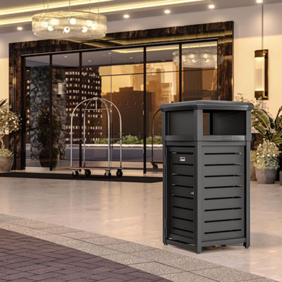 Outdoor Decorative Metal Square Trash Can With Two-Way Lid, 29 Gal, Plastic, Black