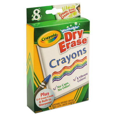Washable Dry Erase Crayons With Built-In Sharpener And E-Z Erase Cloth, Large Size, 0.44" x 4", 8 Assorted Colors, 8/Pack