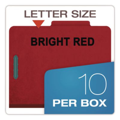Pressboard Top Tab Classification Folders, 2/5-Cut Tab, Expands 2.5", 2 Dividers, 6 Fasteners, Legal Size, Bright Red, 10/Box