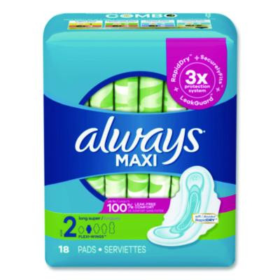 Maxi Long Super Daytime Pad With Wings, Size 2, Super Absorbency, 18/Pack, 8 Packs/Carton