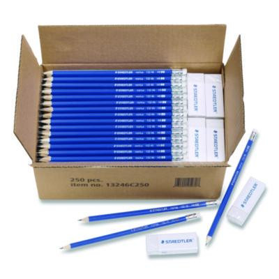 Pre-Sharpened Wooden Pencils With (20) Block Erasers, Hb #2 Black Lead, Blue Barrel, 250/Pack