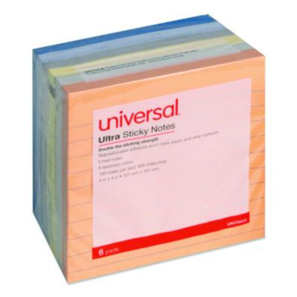 Ultra Sticky Note Pads, Note Ruled, 4" x 4", Assorted Colors, 100 Sheets/Pad, 6 Pads/Pack