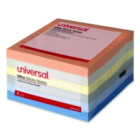 Ultra Sticky Note Pads, Note Ruled, 4" x 4", Assorted Colors, 100 Sheets/Pad, 6 Pads/Pack
