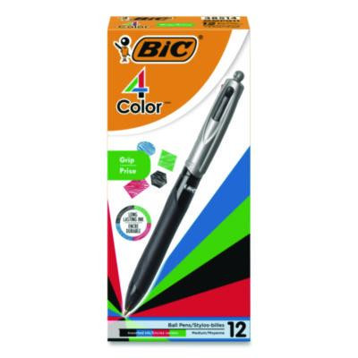 4-Color Pro Grip Multi-Color Ballpoint Pen, Retractable, Medium 1 Mm, Black/Blue/Green/Red Ink, Black/Gray Barrel, Dozen