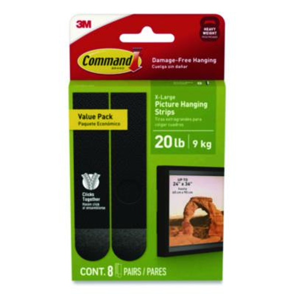 Picture Hanging Strips, X-Large, Removable, Holds Up To 20 Lbs Per 4 Strips, Black, 8 Pairs/Pack