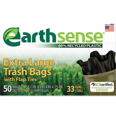 Large Trash Bags, 33 Gal, 0.75 Mil, 32.5" X 40", Black, 50/Box