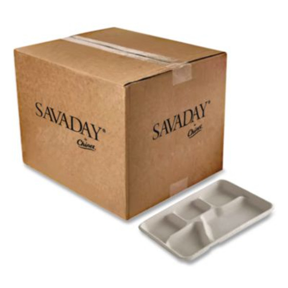 Savaday Molded Fiber Dinnerware, 5-Compartment Plate, Paper, 10.5" Dia, White, 250/Carton