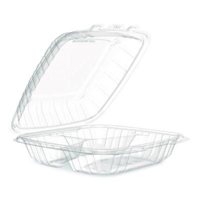 Microwaveable Hinged Containers, Proplanet Seal, 3 Compartments, 9 x 8.75 x 3, Clear, Plastic,150/Carton