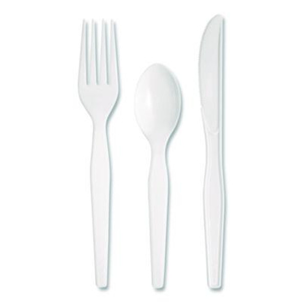 Heavyweight Polystyrene Cutlery, Fork/Knife/Teaspoon, Plastic, White, 250/Carton