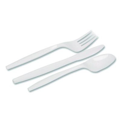 Mediumweight Polypropylene Cutlery, Fork/Knife/Teaspoon, Plastic, White, 250/Carton