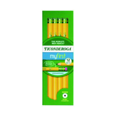 Ticonderoga Beginners Woodcase Pencil With Eraser And Microban, Hb (#2), Black Lead, Yellow Barrel, 12/Pack