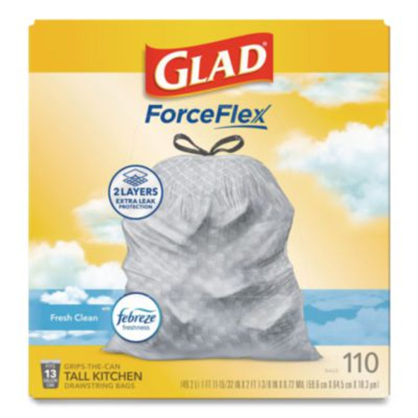 Forceflex Tall Kitchen Drawstring Trash Bags, Drawstring, 13 Gal, Fresh Clean Scent, 10.19 x 9.81, Gray, 110/Roll, 3/Carton