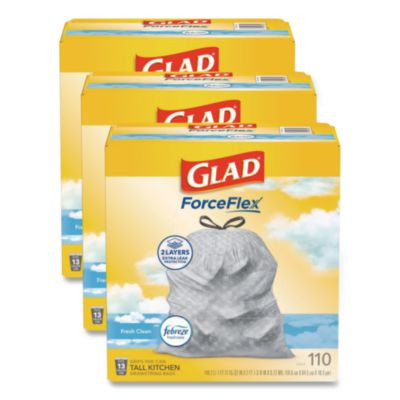 Forceflex Tall Kitchen Drawstring Trash Bags, Drawstring, 13 Gal, Fresh Clean Scent, 10.19 x 9.81, Gray, 110/Roll, 3/Carton