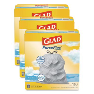 Forceflex Tall Kitchen Drawstring Trash Bags, Drawstring, 13 Gal, Fresh Clean Scent, 10.19 x 9.81, Gray, 110/Roll, 3/Carton