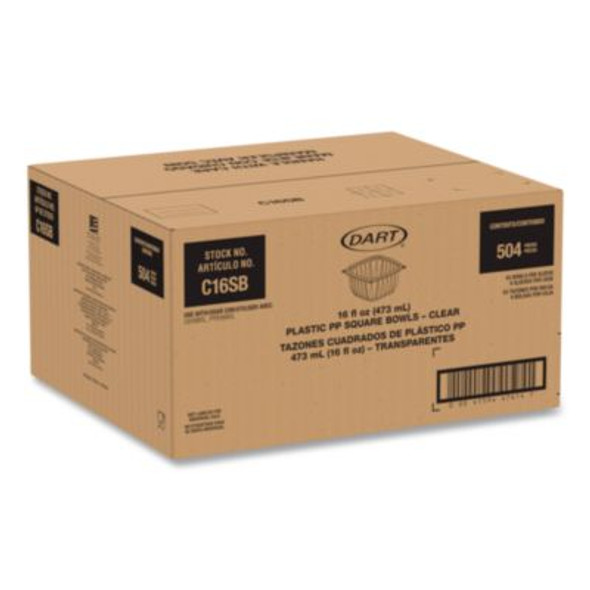 Square Plastic Bowls, 16 Oz, 8.5 x 8.5 x 1.96, Clear, Plastic, 63 Bowls/Sleeve, 8 Sleeves/Carton