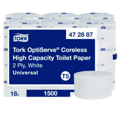 Optiserve High-Capacity Coreless Toilet Paper, 2-Ply, White, 1,500 Sheets/Roll, 18 Rolls/Carton