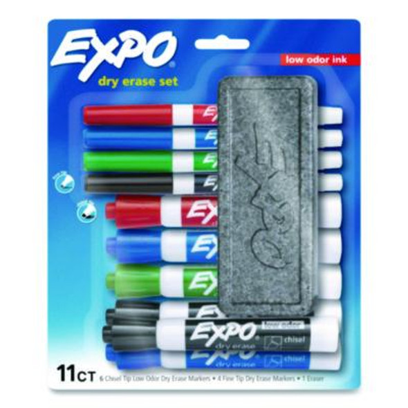 Low-Odor, Dry Erase 10-Color Marker And Eraser Set, Broad Chisel/Fine Bullet Tips, Assorted Colors, 11 Pieces/Set