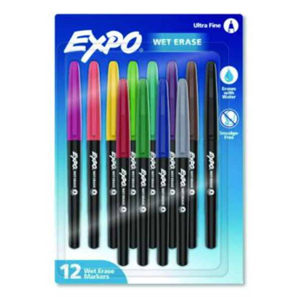 Wet Erase Markers, Ultra Fine Needle Tip, Assorted Colors, 12/Pack