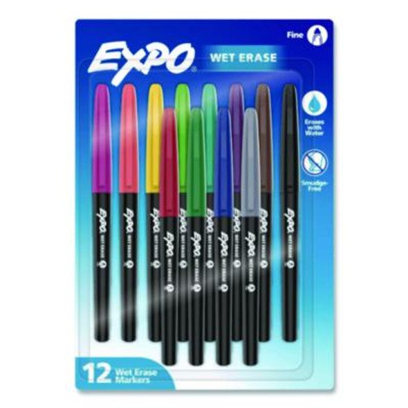 Wet Erase Markers, Fine Needle Tip, Assorted Colors, 12/Pack