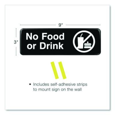 No Food Or Drink Wall Sign, 9" x 3", Black Face, White Graphics, 3/Pack