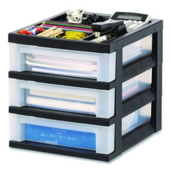 3-Drawer Desktop Storage With Top Organizer Tray, Plastic, 12.17 x 14.33 x 12.93, Black/Translucent