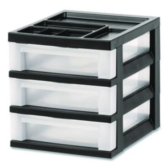 3-Drawer Desktop Storage With Top Organizer Tray, Plastic, 12.17 x 14.33 x 12.93, Black/Translucent