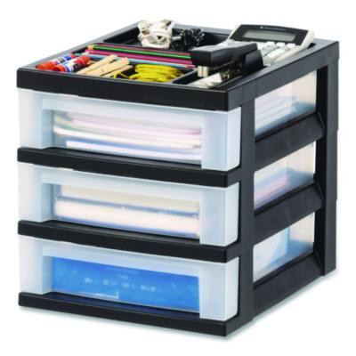 3-Drawer Desktop Storage With Top Organizer Tray, Plastic, 12.17 x 14.33 x 12.93, Black/Translucent