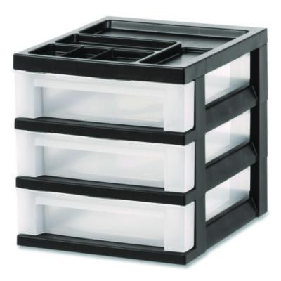 3-Drawer Desktop Storage With Top Organizer Tray, Plastic, 12.17 x 14.33 x 12.93, Black/Translucent