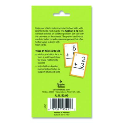 Addition 0 To 12 Flash Cards, Grades 1 To 5, 3.25" x 5.25", Assorted Colors, 54 Cards